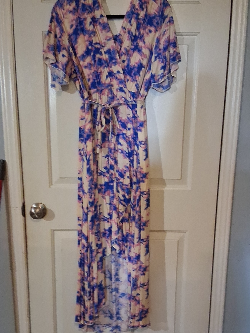 Floral Faux-Wrap Maxi Dress in Blue and Cream